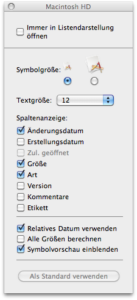 Screenshot: Darstellungsoptionen von MacOS X Finder