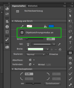 Screenshot: Umschalten des »Objektzeichenmodus« im Eigenschaften-Fenster für Formen in Animate CC