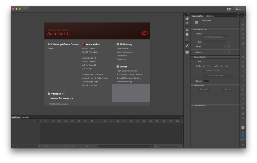 Screenshot: Hauptfenster von Animate CC