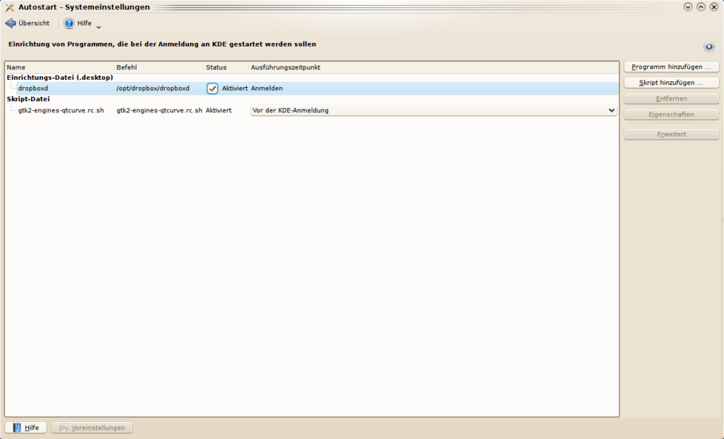 Screenshot: Autostart-Einstellungen von KDE mit Dropbox-Deamon